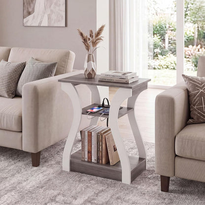 OLIXIS End Table with Charging Station, Modern Curved Nightstand Set of 2