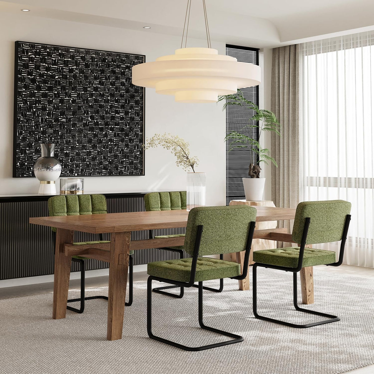 Mid-Century Modern Dining Chairs Set of 2 with Metal Legs, Green | Upholstered Chenille Cantilever Dining Chairs with Ergonomic Backrests, Armless Design, Padded Seats for Dining Room