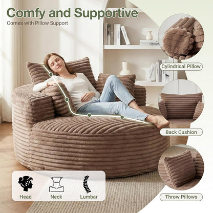 55''Oversized Round Chair Lounge Chaise Indoor, Modern Upholstered Corduroy Cloud Circle Chair with Deep Seat, Comfy Fluffy Sleeper Sofa for Living Room Bedroom No Assembly Required (Brown)
