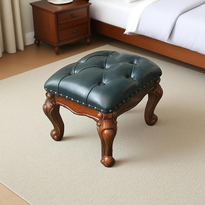 Leather Foot Stool,Vintage Footstools,Wooden Footrest,Upholstered Foot Rest for Living Room,Sofa,Entryway,Solid Wood Stool Walnut (Blue)
