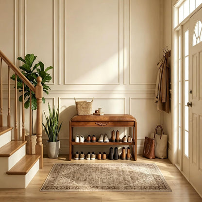 Shoe Rack Bench,2 Tiers Shoe Bench with Storage with Flip-Top,Wood Shoe Rack for Entryway,Hallway(Solid Upholstered Seat,31.5")