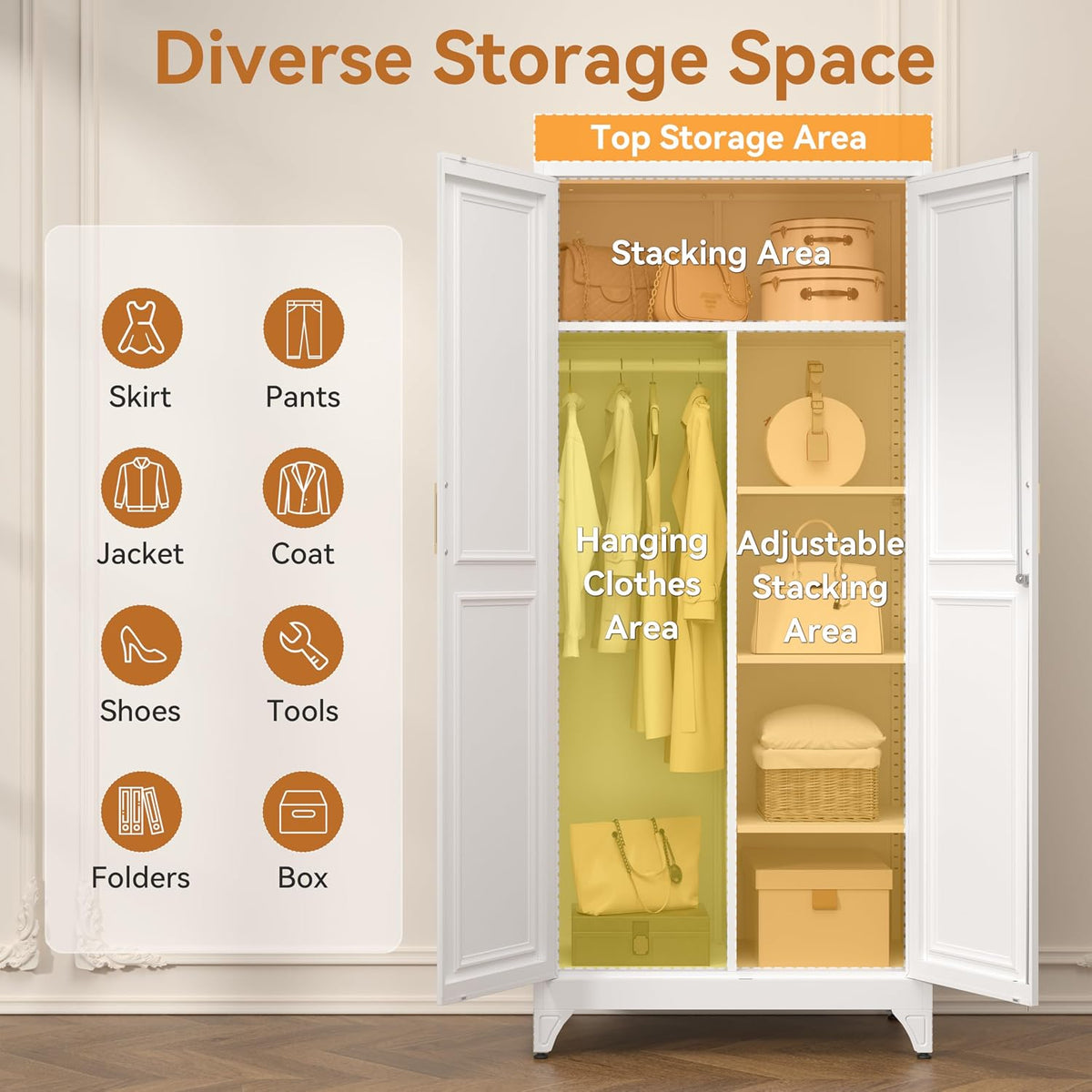 Polup 71" Tall Metal Armoire Wardrobe Closet with Doors and Lock | Wardrobe Cabinet, Hanging Rod, 3 Adjustable Shelves, Steel Clothing Storage Cabinet for Bedroom, Office, Employee, Gym, White