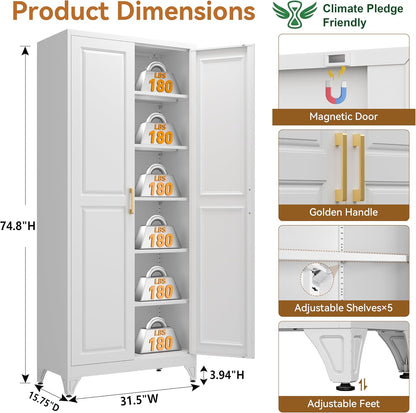 Polup 75" Pantry Cabinet, Tall Metal Storage Cabinet with Doors and Shelves | White Kitchen Cabinet, 5 Adjustable Shelving, Heavy-Duty Steel, Gold Handles, 4 Standing Feet, for Garage Office & Laundry