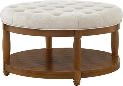 RENSGO 32.5" Large Round Upholstered Tufted Linen Ottoman Coffee Table, Large Footrest Ottoman with Wood Shelf Storage- Ivory
