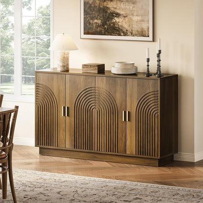 Fluted Sideboard Buffet Cabinet with Storage - 57" Credenza Coffee Bar Cabinet with 4 Doors, Accent Kitchen Storage Cabinets with Adjustable Shelves for Living Room & Kitchen, Entryway, Walnut