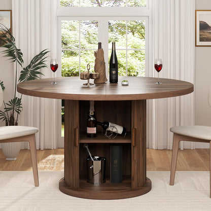 knoworld 47" Round Dining Table for 4-6, Modern Fluted Pedestal Kitchen Table with Hidden Storage, Walnut Wood Circle Dinner Table for Dining Room & Small Spaces, Walnut