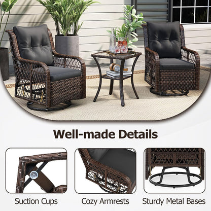 Tangkula 3 Pieces Outdoor Swivel Rocker Set, Rattan Wicker Patio Rocking Cushioned Chairs Set of 2 with Small Side Table, for Backyard, Poolside, Balcony, Lawn, Deck