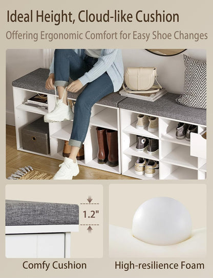 DINZI LVJ Shoe Storage Bench with Cushion, Cubby Shoe Rack with 9 Cubbies, Adjustable Shelves, Multifunctional Shoe Organizer Bench for Entryway, Mudroom, Hallway, Closet and Garage, White