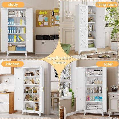 71" H Metal Kitchen Pantry Storage Cabinet, Freestanding Cupboard with 2 Doors and 4 Adjustable Shelves, Standing Storage for Kitchen, Bathroom, Garage, Dinning Room or Utility Room（White）