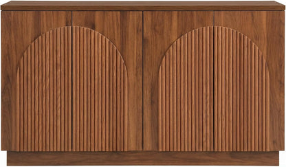 Yechen 110" Modular Fluted Sideboard Buffet Cabinet with Storage, Wood Mid Century Modern Credenza Cabinet w/Arched Reeded Doors & Adjustable Shelves for Kitchen, Living Room, Walnut