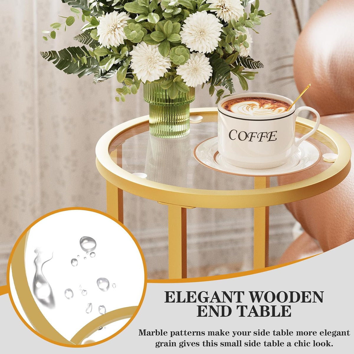 Easy Paws C Table Side End Table, Small Round Couch Sofa Tray Snack Table for Living Room, Bedroom,Accent Coffee Table,TV Tray Table for Small Space, Nightstand with Metal Frame(Gold)
