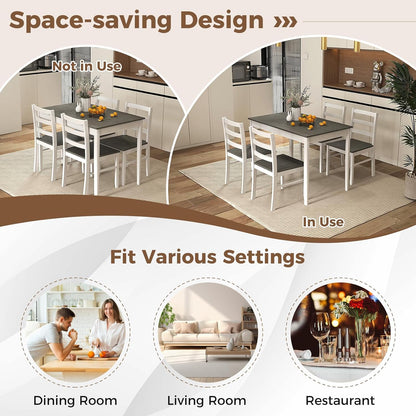 COSTWAY 5-Piece Dining Table Set for 4 w/Rubber Wood Structure, Grey | Spacious Tabletop, Anti-Slip Pads, Rubber Wood Legs, Space-Saving Design for Small Place, Apartment, Studio, Restaurant