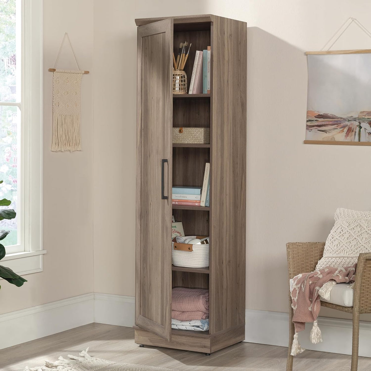 Sauder HomePlus Kitchen Pantry Storage Cabinet Slim Single Door with Adjustable Shelves, Living Room Storage Cabinet, in Salt Oak
