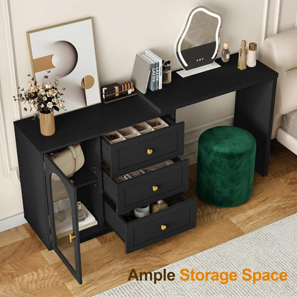 RoyalCraft 59" Makeup Vanity Desk, Black Vanity Dresser for Girls and Women | Modern Dressing Table with 3 Drawers & 1 Door, Vanity for Bedroom, L Sharped Corner Table No Mirror
