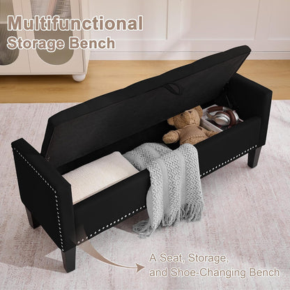 Storage Ottoman Bench, Velvet Upholstered Footstool for Bedroom and Living Room, Tufted Seat with Storage, Wooden Legs & Metal Rivets, Black