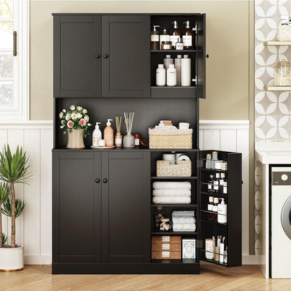 ONBRILL 71" Tall Kitchen Pantry Storage Cabinet, Kitchen Hutch, Black | Modern Food Pantry with Microwave Stand & Door Shelf, Freestanding pantry with 6 Door & Adjustable Shelves for Dining Room
