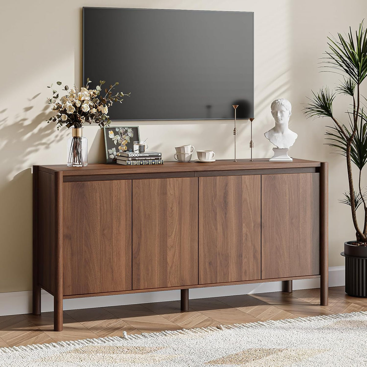 59" Wide Walnut Buffet Cabinet Storage,4 Doors and Adjustable Shelves,Solid Wood Round Legs,Wood Mid Century Sideboard for Kitchen,Living Room,Coffee Bar.