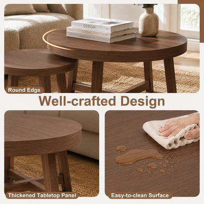 47.2" Round Nesting Coffee Table Set of 2 Walnut Wood Grain Center Tables | Space-Saving Stackable Design | Reinforced X-Cross Support Structure | Waterproof Scratch-Resistant Surface Finish