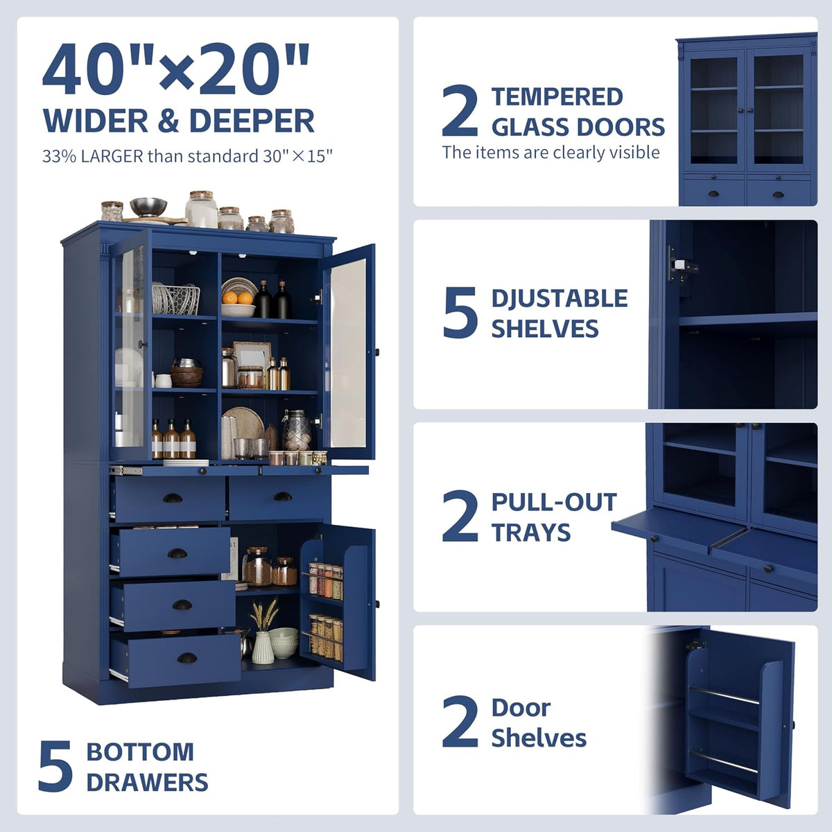 Pantry Stotrage Cabinet with Glass Doors and Serving Trays, Wood Display Cabinet with Stotrage Drawers and Shelves for Kitchen, Dining Room (Blue)