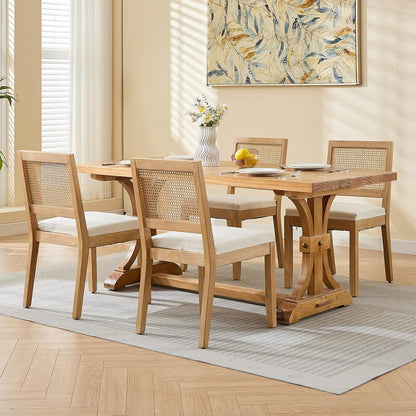 French Country Dining Chairs Set of 8, Beige Modern Kitchen & Dining Room Chairs, Rattan Dining Chair with Linen Upholstered Cushion, Low Cane Back, Wood Legs, Sillas de Comedor (Beige, 8 Pcs)