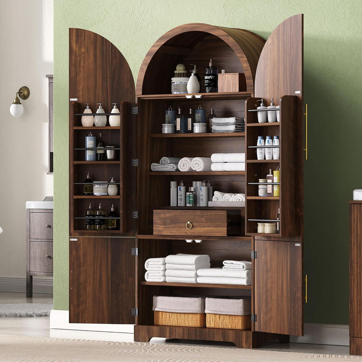 72" Tall Arched Kitchen Pantry Cabinet with 3 Adjustable Shelves, Fluted Storage Cabinet with Hidden Drawer and 8 Door Shelves for Kitchen, Dining and Bathroom (Brown)
