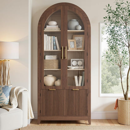 win2win Tall Arched Cabinet with Glass Doors, 69" Pantry Storage Cabinets with Fluted Doors & Adjustable Shelves, Mid Century Modern Wood Display Bookcase for Kitchen, Living Room, Bathroom, Walnut