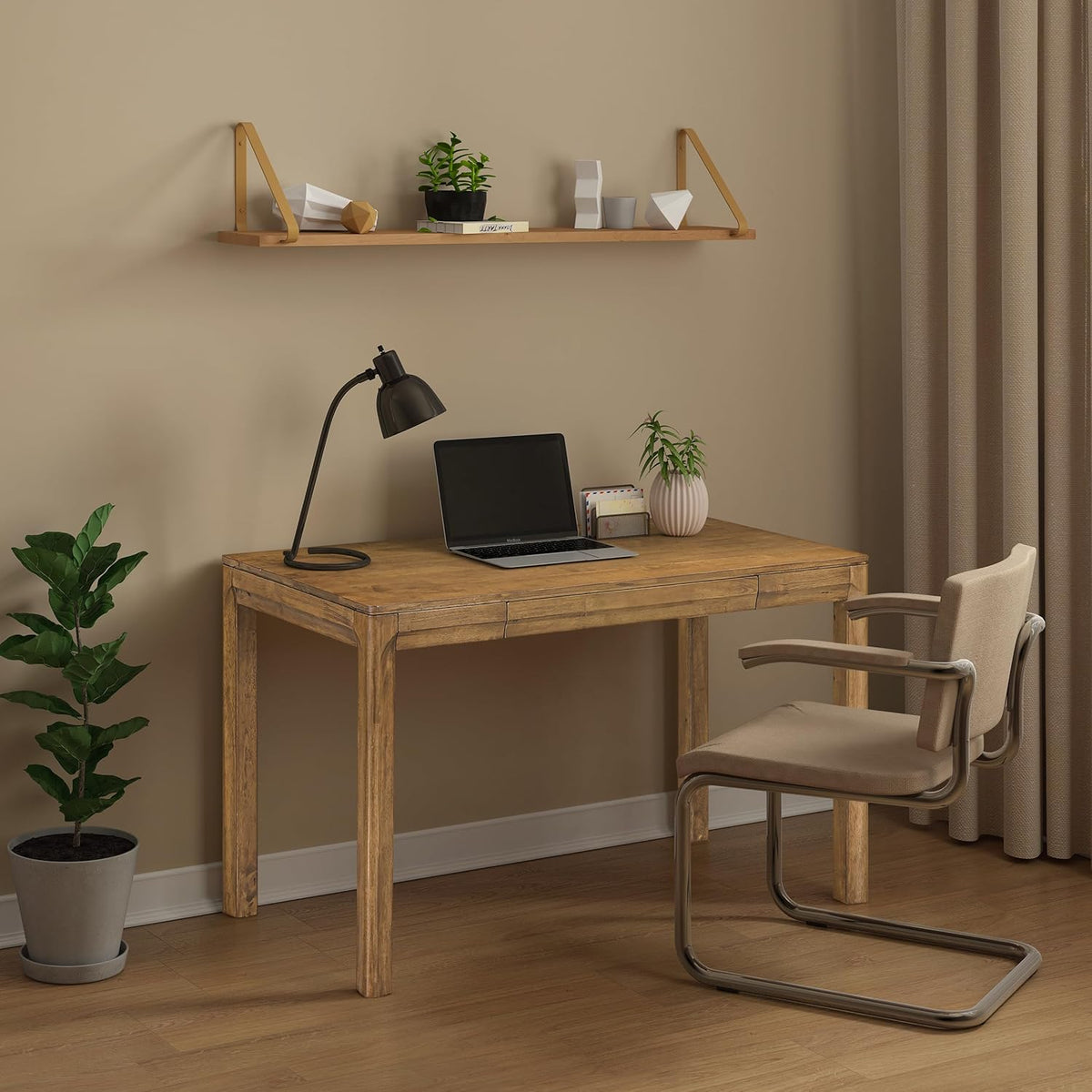 NTC Flow Modern Wooden Rectangle Desk Table with Hidden Drawer – Waterproof & Heat Resistant - Teak Look