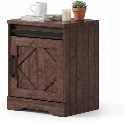WAMPAT 24.3" H Storage Cube,Rustic End Table with Drawers and Adjustable Storage Shelves, Wood Side Table with Barn Doors for Living Room,Bedroom,Dark Walnut Brown
