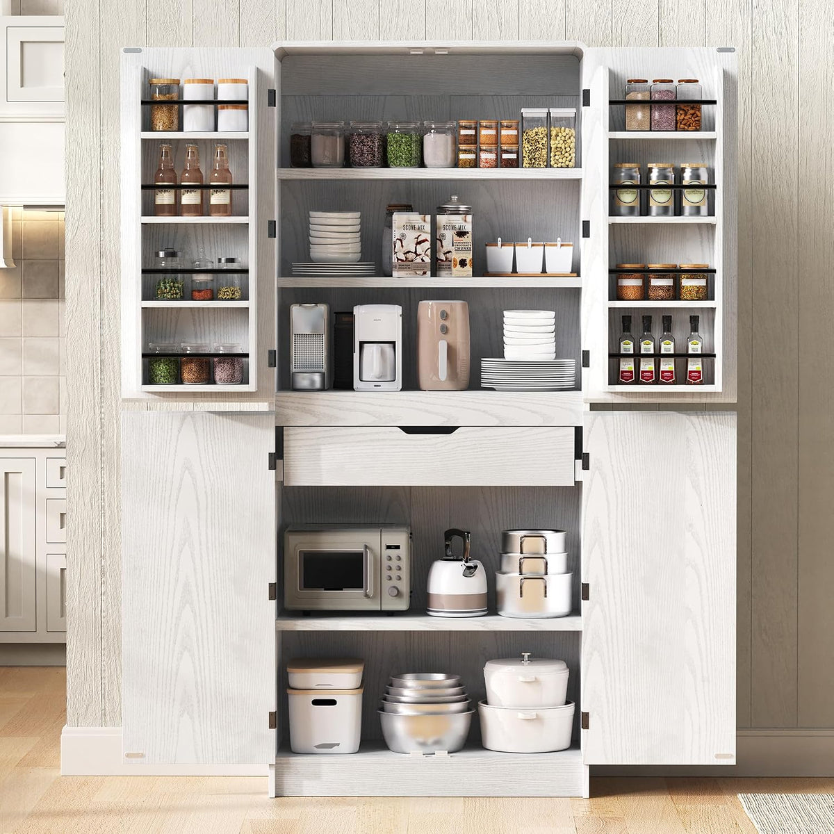 72" Tall Farmhouse Pantry Cabinet with Curved Design - Kitchen Storage Cabinet with 8 Door Shelves, 3 Adjustable Shelves & 1 Hidden Drawer, Versatile for Kitchen & Dining Room, White