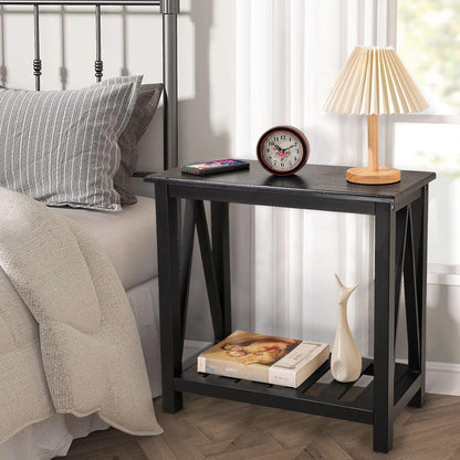 Narrow Side Table with Storage Shelf 2 Tier Wooden Nightstand Bedside Tables for Small Spaces Black Modern Accent Sofa Side Tables for Couch Living Room Bedroom Entryway