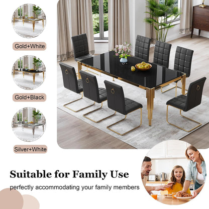 80" Large Glass Dining Table, Modern Rectangle Kitchen Table with Gold Stainless Steel Tubular Legs and Tempered Glass Top for Dining Room, Kithchen(Black)