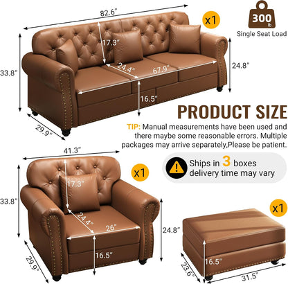 KEIKI 2-Piece Chesterfield Sofa Set with 1 Faux Leather 3-Seater Sofa & 1 Single Sofa, Upholstered 4-Seater Couch Set with Nailhead Trim & Rolled Arms & 1 Ottoman & 4 Pillow, for Living Room, Brown