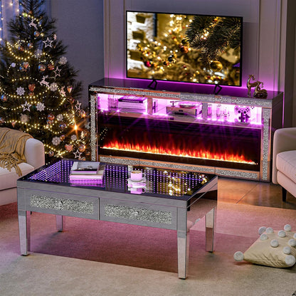 IKIFLY Mirrored Fireplace TV Stand for 65+ inch TV, Silver TV Console Table with Crushed Diamond and LED, Modern Media Entertainment Center for Living Room Remote Control