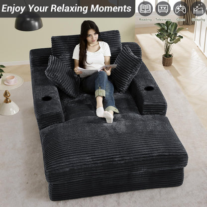 49" x 76" Corduroy Chaise Lounge, Cup Holders, Dark Gray | Super-oversized corduroy chaise with deep sleeper seating and built-in cup holders for reading, lounging, or overnight rest.