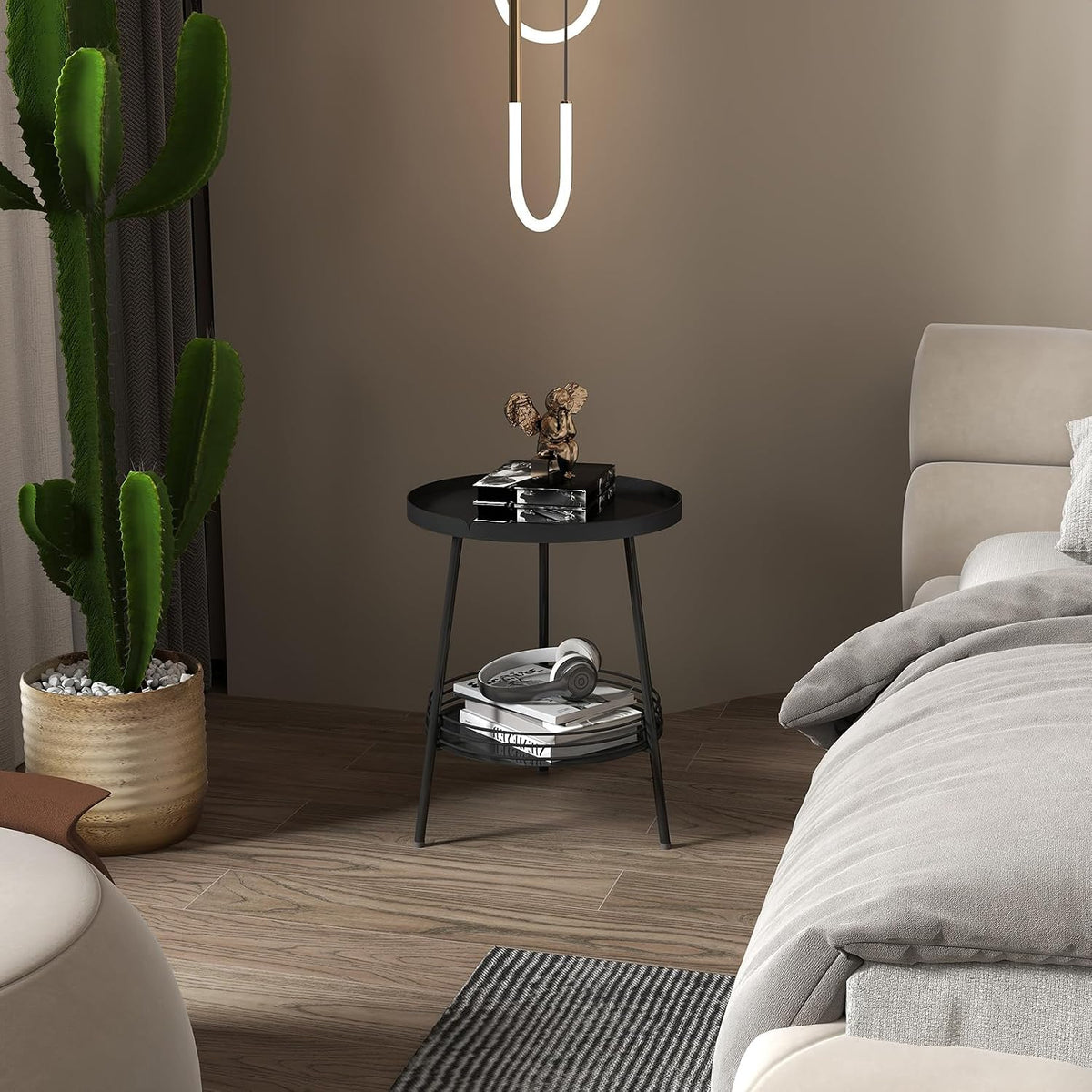 Benkyo 2 Tier Black Metal Round Side Table Tiered Two Shelf Storage Coffee Sofa End Table for Living Room and Bedroom,Black