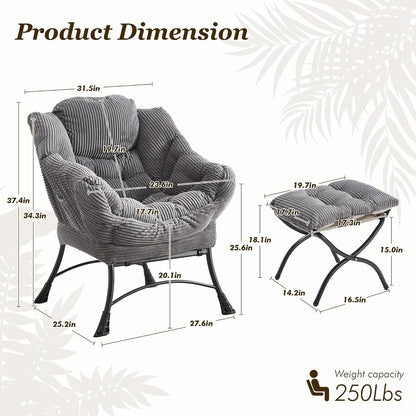 QQU Accent Chair wiht Ottoman for Bedroom (Grey) | Corduroy Reading Chair with Footrest, Comfy Lounge Armchair for Living Room, Reading Room
