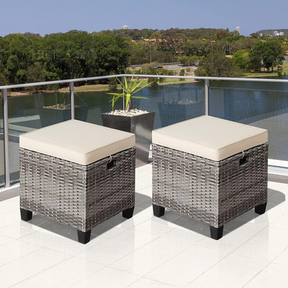 ORALNER Set of 2 Outdoor Ottoman, 16” Wicker Foot Stools, All-Weather Rattan Cube Footstool w/Removable Cushions, Square Footrest Extra Seating for Patio, Porch, Deck, Easy Assembly (Beige)