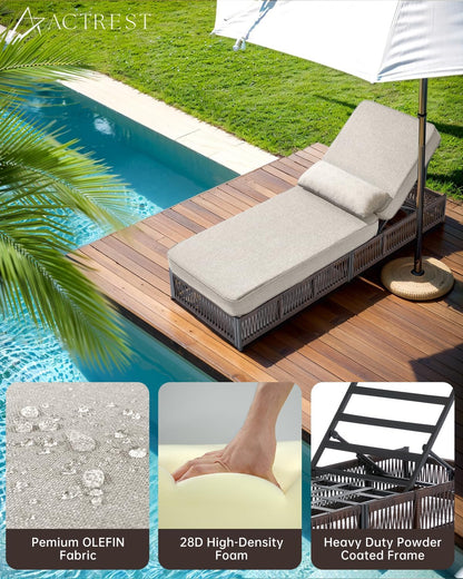 Luxury Outdoor Chaise Lounge with 5 Inch Thickened Cushion - 1 Set High Back Outside Brown Wicker Patio Recliners Rattan Reclining Chair Porch Poolside Pool Sunbathing Lounger - Beige