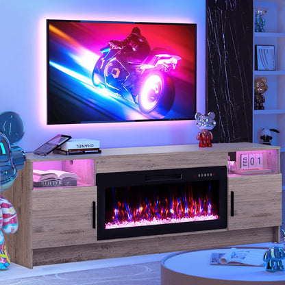 Kucreiheat Electric Fireplace TV Stand with Led Lights-42 Fireplace Entertainment Center for Up to 90 inch TV-Modern TV Console for Living Room with Storage Cabinet, Oak Grey