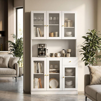 71" Kitchen Pantry Cabinet with Storage, Tall Kitchen Pantry Cabinet with Countertop Soft Close Glass Doors, Tall Kitchen Hutch Cabinet with Drawer & Adjustble Shelves for Kitchen White