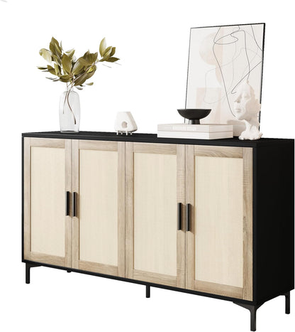 JASIWAY Buffet Cabinet with Storage, 48" Rattan Sideboard with Adjustable Shelves, Modern Coffee Bar Cabinet Console Table with Doors, Credenza for Kitchen, Living Room, Entryway, Dining Room, Black