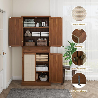 72" Kitchen Pantry Cabinet with Rattan Doors, Tall Pantry Storage Cabinet with 4 Adjustable Shelves & Large Central Drawer, Boho Cupboard for Kitchen, Dining Room, Living Room, Walnut
