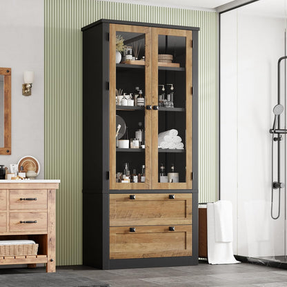 71" Tall Kitchen Pantry Cabinet - Modern Display Storage Cabinet with 2 Large Drawers, Glass Doors, and Adjustable Shelves, Kitchen Cupboard for Dining Room, Bathroom, Living Room, Black + Brown