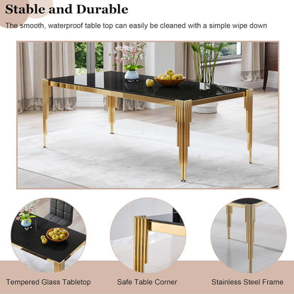 80" Large Glass Dining Table, Modern Rectangle Kitchen Table with Gold Stainless Steel Tubular Legs and Tempered Glass Top for Dining Room, Kithchen(Black)