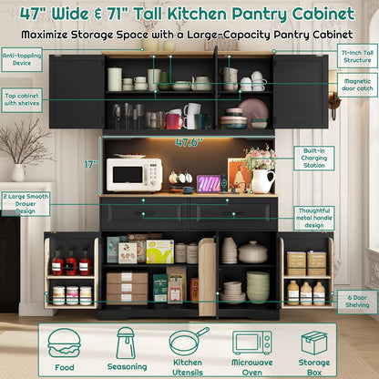 71" Tall 47" Wide Large Pantry Storage Cabinet w/ Power Outlet,LED Light,Farmhouse Kitchen Hutch Food Pantry Cabinet,2 Drawer,8 Doors Shelves,Open Countertop for Kitchens,Dining Room,Black