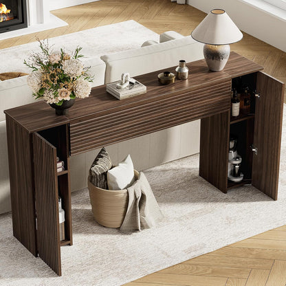FABATO 61” Fluted Long Console Table with 2 Hidden Storage Cabinets, Walnut | Wooden Rectangular Sofa Table, Behind the Couch, Narrow Entryway Table for Entrance, Hallway, Living Room, Foyer
