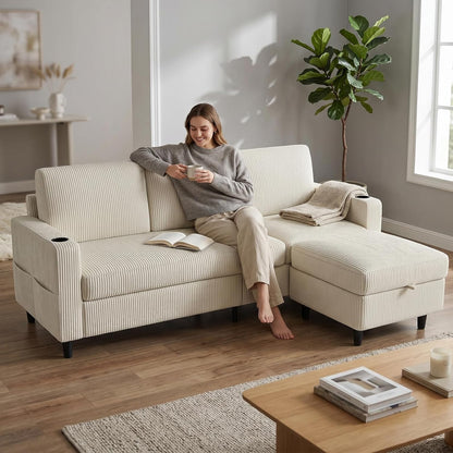 Convertible Sectional Couches for Living Room, 3 Seats L Shaped Sofa with Storage Ottoman & 2 Cup Holders, Modern Corduroy Couch Small Sofas for Small Space, Apartment, Office, Beige