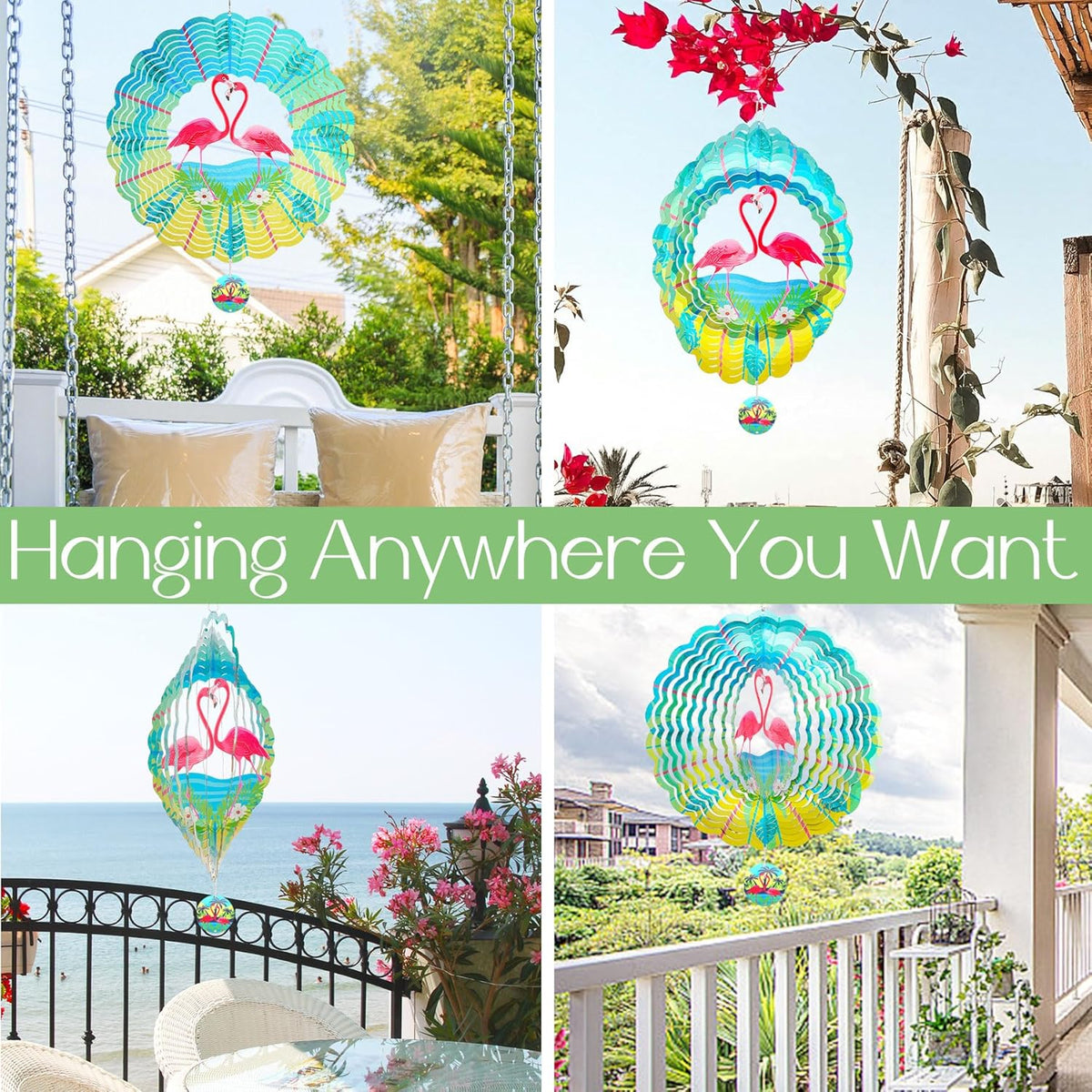 Flamingo Wind Spinners Garden Yard Decor Gift for Women Men, 12 Inch Outdoor Metal 3D Wind Spinner, Stainless Steel Hanging Wind Catchers Kinetic Sculpture for Outside Decoration