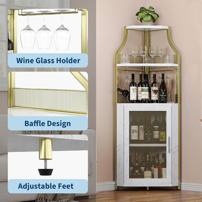 GarveeHome Corner Wine Cabinet with Detachable Wine Rack, 5-Tier Industrial Corner Bar Cabinet with Barn Door and Glass Holder, Farmhouse Buffet Cabinet and Home Bar, Gold