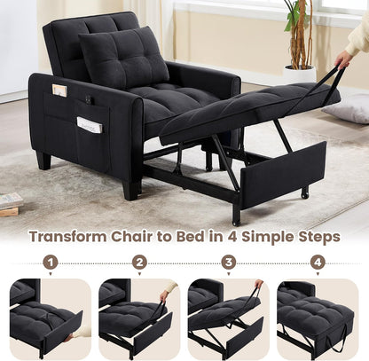 Convertible Sleeper Chair, 3 in 1 Sleeper Chair Bed Pull Out Sofa Bed Chairs, Single Sofa with Adjustable Backrest for Adults Reading Living Room, Bedroom, Velvet Black